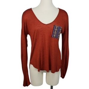 Lily White Long Sleeve Top Womens Size Medium Burnt Orange Shirt Woven Pocket